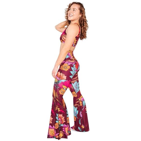 Yoga Democracy Original Bell Bottoms Indie Flow Maroon Orange Floral Size Small - Picture 2 of 10